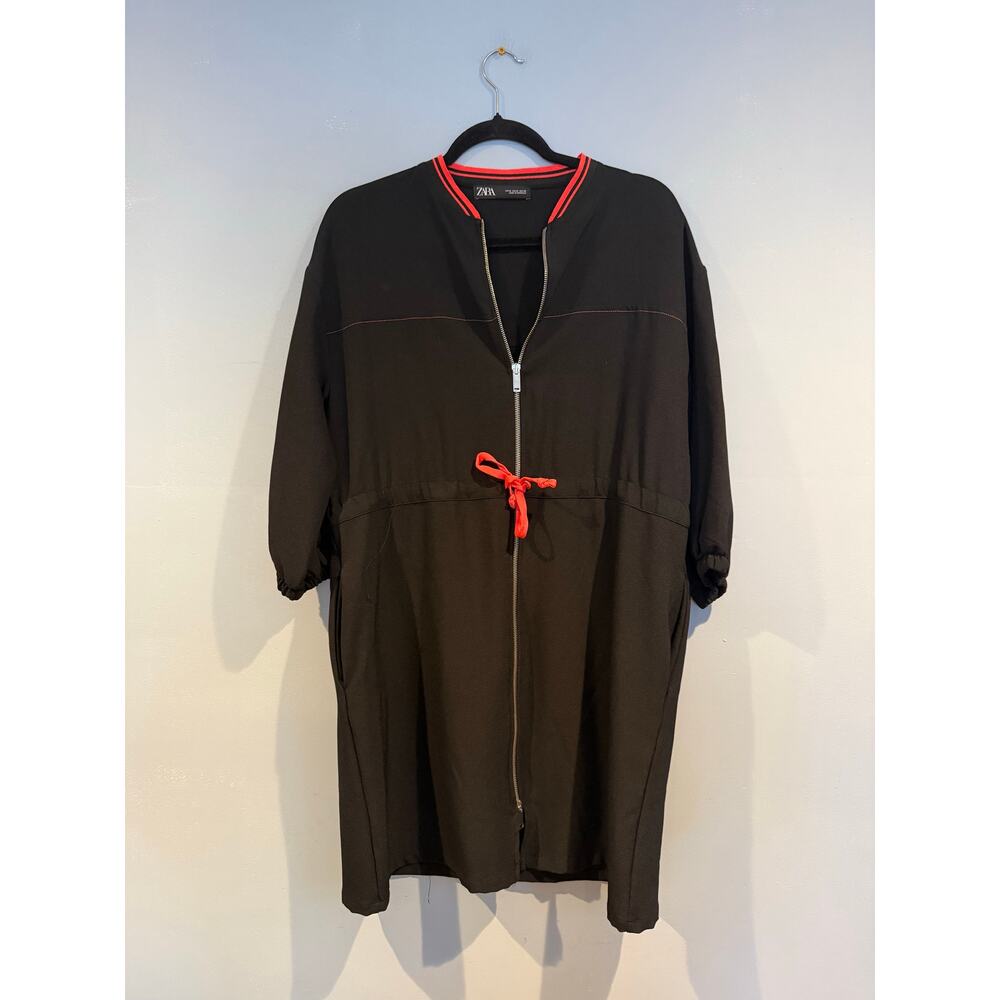 Zara Black Zip Front Drawstring Dress – Red Trim – Size M
